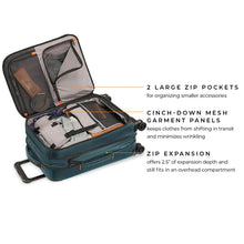 Load image into Gallery viewer, Briggs & Riley ZDX 22" Domestic Carry-On Expandable Spinner - Ocean Blue
Image of Briggs & Riley Product Feature Diagram illustrating the 2-Large Zip Pockets on Inside Lid of main Compartment, the Cinch-Down Mesh Garment Panels to minimize wrinkling, and the Zip Expansion to give you 2.5" of extra packing.
Dimensions:  22 x 14 x 9"
Weight:           7.4 lbs.