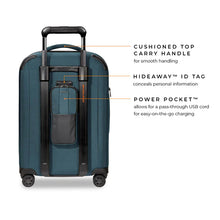 Load image into Gallery viewer, Briggs & Riley ZDX 22" Domestic Carry-On Expandable Spinner - Ocean Blue
Image of Briggs & Riley Product Feature Diagram illustrating the Cushioned Top Carry Handle, the Hideaway ID Tag to conceal personal information and the Power Pocket for a pass-through USB cord for easy-on-the-go charging.
Dimensions:  22 x 14 x 9"
Weight:           7.4 lbs.