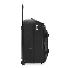 Load image into Gallery viewer, Side panel view of the black wheeled duffle. It features a grip handle, an embossing tag, and a zipper-closing pocket.