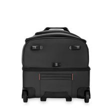 Load image into Gallery viewer, Bottom panel view of the black wheeled duffle. it features three stub legs to balance it, two wheels, and one grip handle.