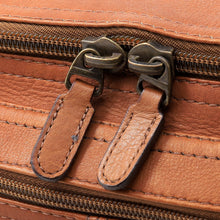 Load image into Gallery viewer, Close-up of a tan leather zippered bag showing two dark metal zipper pulls