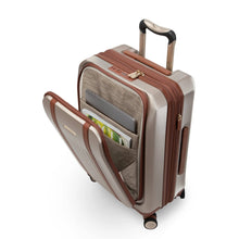 Load image into Gallery viewer, Beige suitcase with open front laptop compartment on a white background