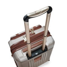 Load image into Gallery viewer, Beige and brown suitcase with extended handle on a white background