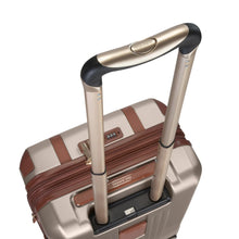 Load image into Gallery viewer, Angled top panel view of the leather suitcase with the telescopic handle extended.