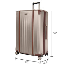 Load image into Gallery viewer, Angled front panel view of the suitcase with measurements: 30 by 12.5 by 20 inches.