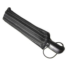 Load image into Gallery viewer, Angled view of the black and grey pinstripe umbrella on a white background. The handle is black, and it has a thin black strap.