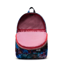 Load image into Gallery viewer, Interior view of the Summer Tie Dye backpack. It features a laptop compartment, and red with white vertical lines pattern lining.