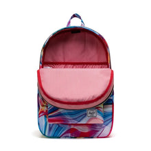 Load image into Gallery viewer, Front interior view of the Paint Pour Multi backpack with red and white lines pattern lining.