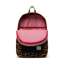 Load image into Gallery viewer, Front view of the Leopard Print Settlement backpack with the main compartment unzipped. The main interior has a red and white vertical lines pattern lining.