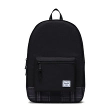 Load image into Gallery viewer, Front panel view of the black Grayscale plaid backpack.