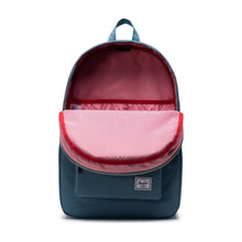 Load image into Gallery viewer, Front interior view of the backpack. The interior lining is a pattern of red and white vertical lines.