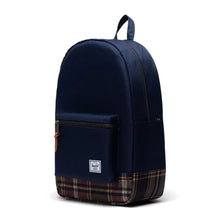 Load image into Gallery viewer, Angled front view of the peacoat plaid backpack.