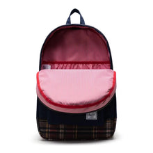 Load image into Gallery viewer, Front view of the backpack with the main compartment unzipped. The interior lining is a pattern of red and white vertical lines.