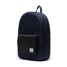 Load image into Gallery viewer, Angled front view of the Peacoat Paisley backpack.