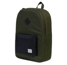 Load image into Gallery viewer, Green backpack with a black front pocket on a white background.