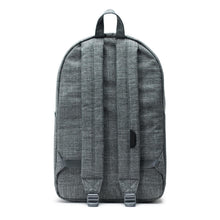 Load image into Gallery viewer, Back panel view of the Raven Crosshatch Pop Quiz Backpack.