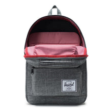 Load image into Gallery viewer, Front view of the Raven Crosshatch Pop Quiz backpack. The main compartment is opened, and features a laptop pocket.