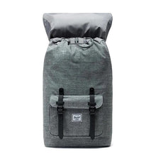 Load image into Gallery viewer, Front view of the raven Crosshatch backpack with the top lid tilted back.