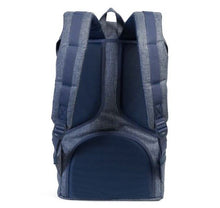 Load image into Gallery viewer, Back panel view of the Chambray Crosshatch backpack with padded back and shoulder straps.