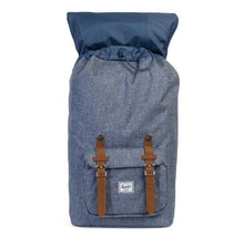 Load image into Gallery viewer, Front view of the Chambray Crosshatch backpack with the top lid flipped up.