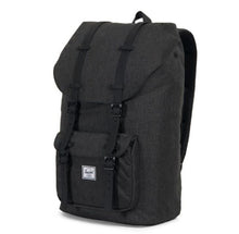 Load image into Gallery viewer, Angled front panel view of the black crosshatch backpack.