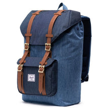 Load image into Gallery viewer, Angled front view off the Little America Blue Denim Backpack with tan leather straps.