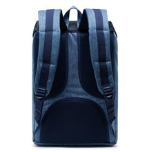 Load image into Gallery viewer, Back panel view of the blue denim backpack with adjustable and padded shoulder straps.