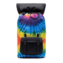 Load image into Gallery viewer, Front view of the tie dye backpack with the top lid flipped back.