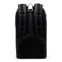 Load image into Gallery viewer, Back panel view of the black crosshatch pea coat backpack.
