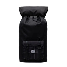 Load image into Gallery viewer, Front view of the black and plaid backpack with the top lid flipped back.