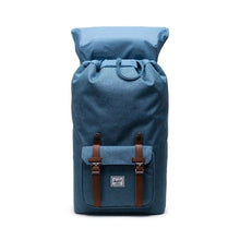 Load image into Gallery viewer, Front panel view of the Copen Blue Crosshatch Backpack with the top flap lifted back.