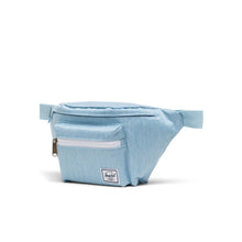 Load image into Gallery viewer, Angled view of the Light Denim Crosshatch hip pack.