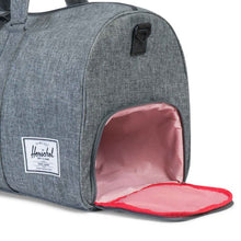 Load image into Gallery viewer, Close up to the raven crosshatch duffle bag's shoe compartment.