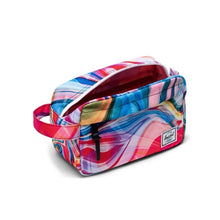 Load image into Gallery viewer, Angled view of the Paint Pour Multi Chapter Travel Kit bag. The main compartment is unzipped.