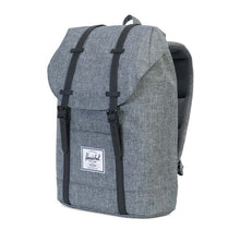Load image into Gallery viewer, Angled front panel view of the Raven Crosshatch Retreat backpack.
