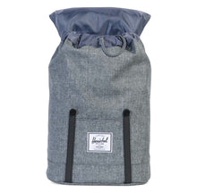 Load image into Gallery viewer, Front panel view of the Raven crosshatch backpack. The top flap is tilted back.