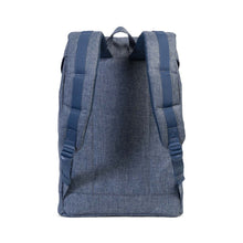 Load image into Gallery viewer, Back panel view of the Dark Chambray Crosshatch Retreat backpack.
