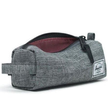 Load image into Gallery viewer, Angled view of the Raven Crosshatch Settlement case with the main compartment unzipped.