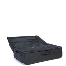 Load image into Gallery viewer, Angled view of the black Parcel suitcase, opened. It features zipper-closing panel dividers.