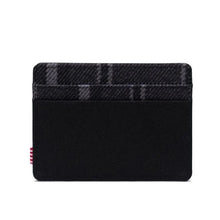 Load image into Gallery viewer, Back view of the black and grayscale plaid wallet.