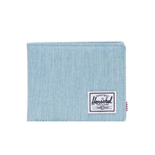 Load image into Gallery viewer, Front view of the Light Denim Crosshatch Roy wallet.