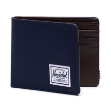Load image into Gallery viewer, Front view of the peacoat blue wallet, partially opened.
