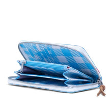 Load image into Gallery viewer, Angled view of the Gingham Alaskan Blue Alaskan blue wallet with the main compartment unzipped.