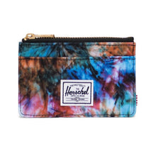 Load image into Gallery viewer, Front view of the summer tie dye Herschel RFID Oscar Wallet with a zippered main compartment and external card slots.