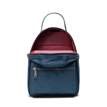 Load image into Gallery viewer, Front view of the copen blue mini backpack with the main compartment unzipped. The interior lining is a pattern of red and white vertical lines.