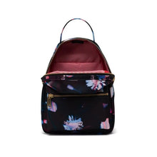 Load image into Gallery viewer, Front view of the Sunlight Floral backpack with the main compartment unzipped.