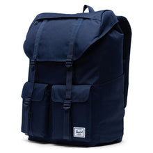 Load image into Gallery viewer, Angled view of the Peacoat navy blue backpack.