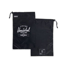 Load image into Gallery viewer, Front and back views of the two black shoe bags with white Herschel logo print.