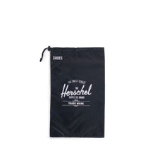 Load image into Gallery viewer, Front view of the black shoe bag with white Hershel logo print.