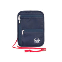 Load image into Gallery viewer, Front view of the navy blue money pouch with red adjustable string.